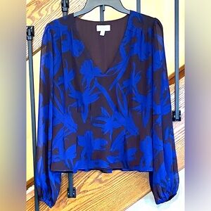 Evereve Sheer Lined Fitted Floral Blouse/Royal Blue-Brown/sheer Sleeve/SZ.Med